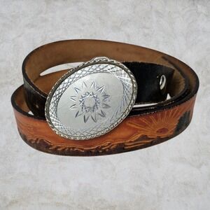 Vintage Western Tooled Leather Belt Sunburst Landscape Silver Tone Buckle USA